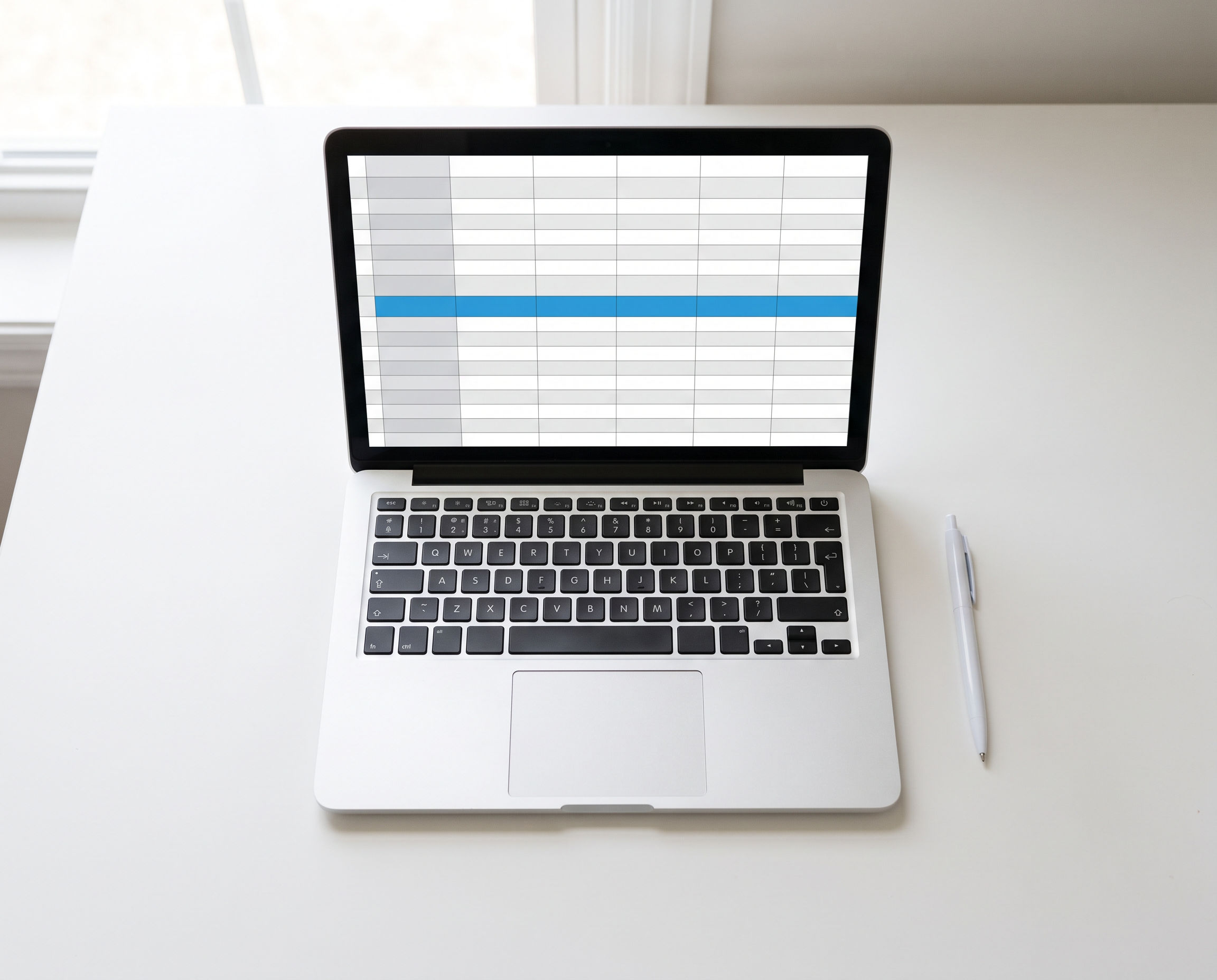Spreadsheet on a laptop with one azure highlighted row