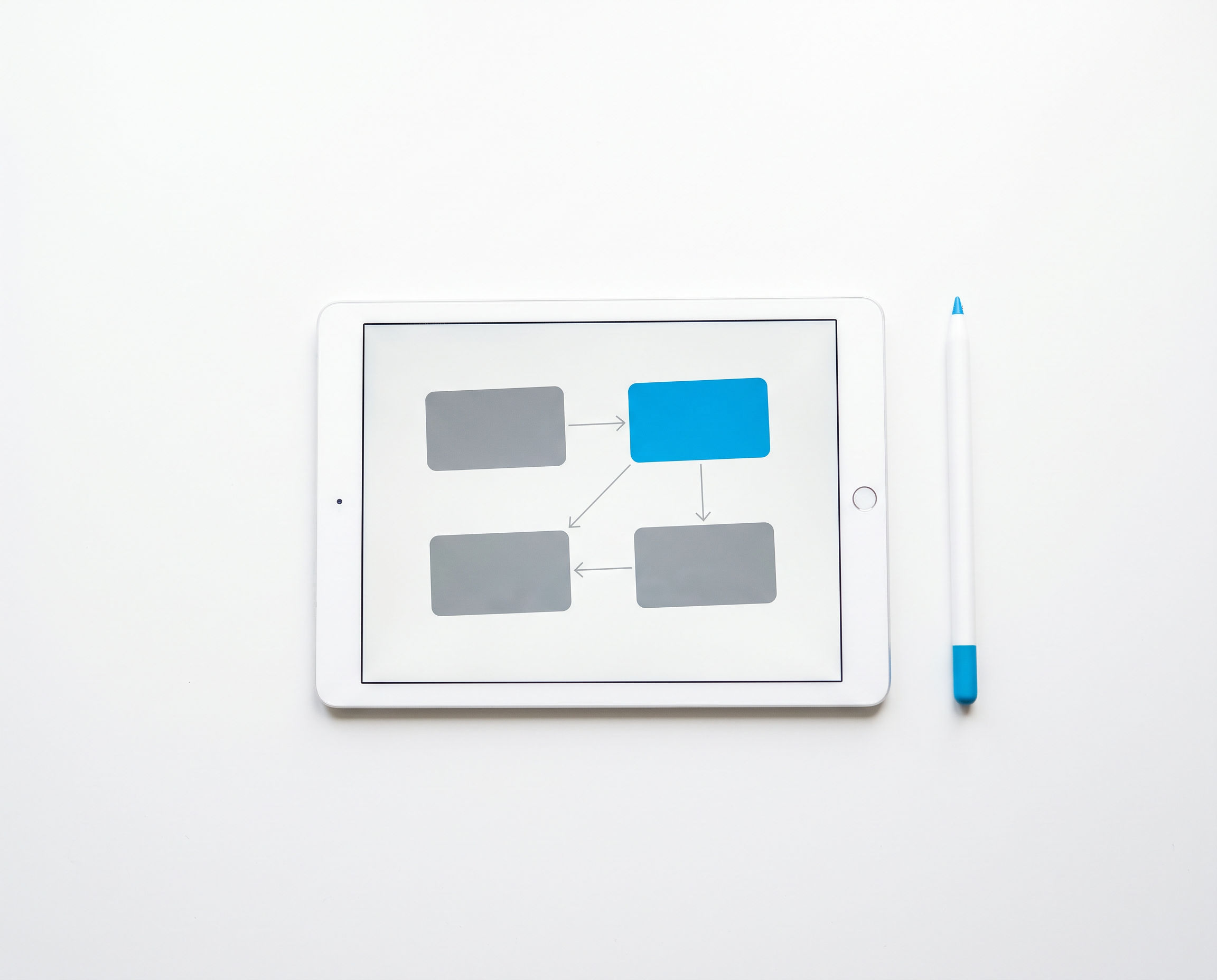 Tablet showing a simple flowchart with one azure box