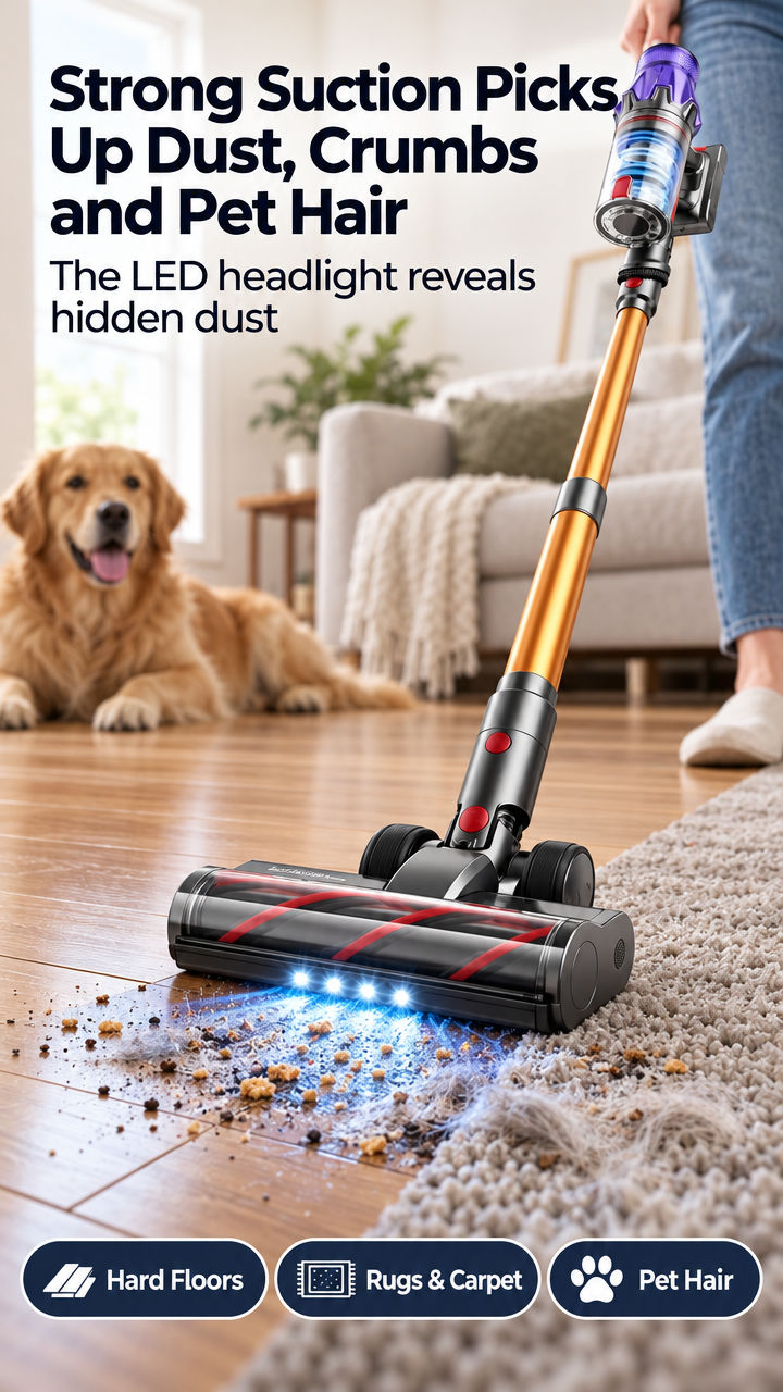 Strong Suction Picks Up Dust, Crumbs and Pet Hair