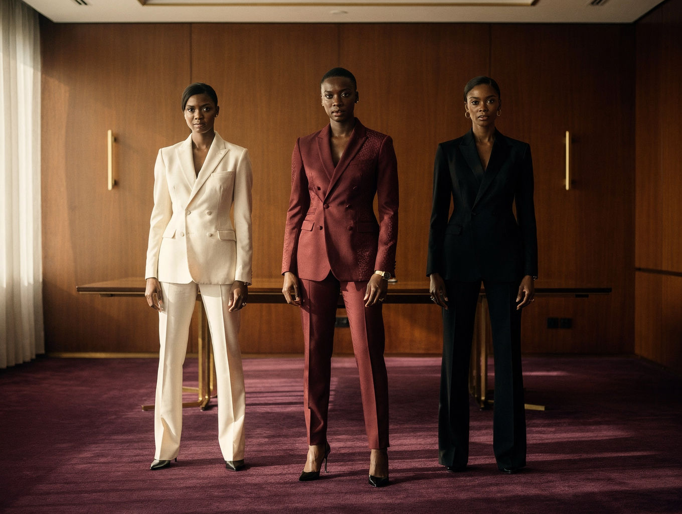 Three models in cream, oxblood and black tailoring in a walnut boardroom