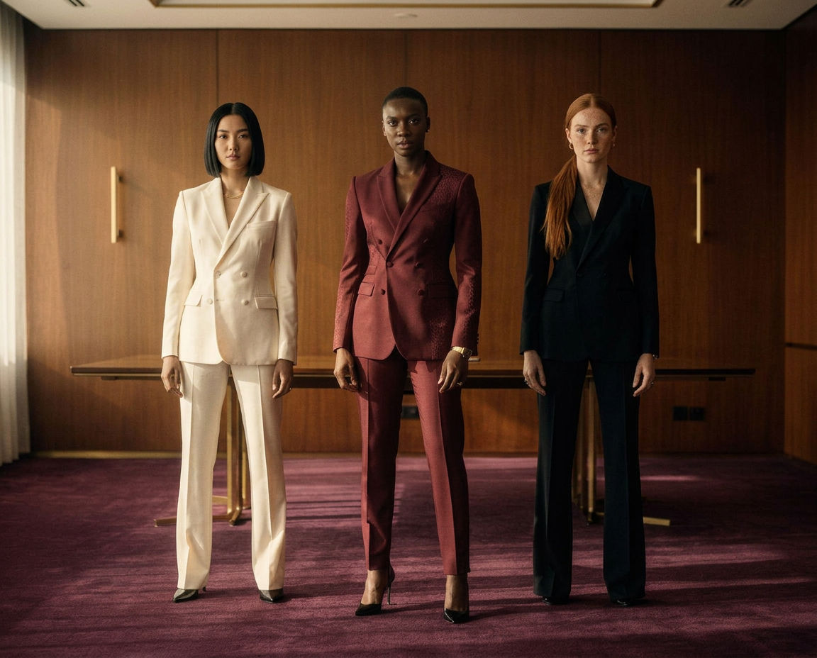 Three models in cream, oxblood and black tailoring in a walnut boardroom