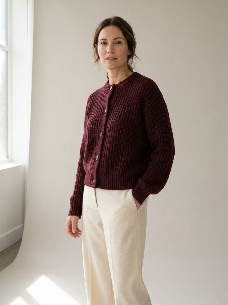 Model wearing the oxblood cardigan and cream trousers