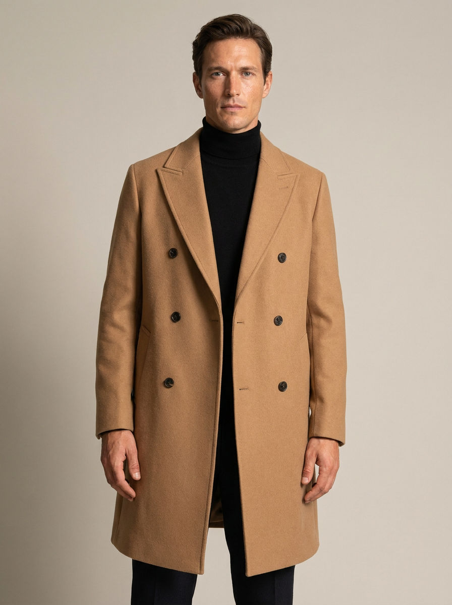 Model in a camel double-breasted coat