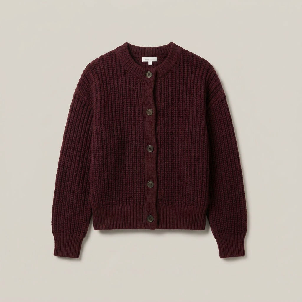 Oxblood knit cardigan laid flat