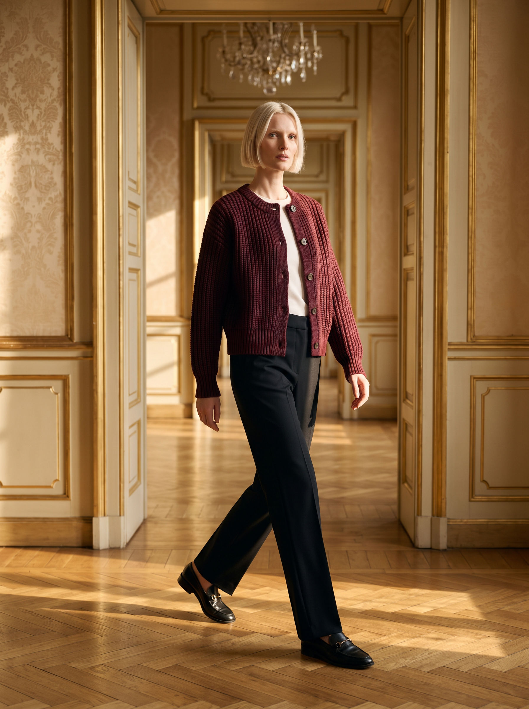 Model walking through gilded palazzo rooms in the oxblood cardigan