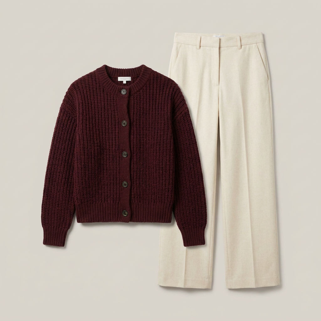 Oxblood knit cardigan and cream trousers laid flat