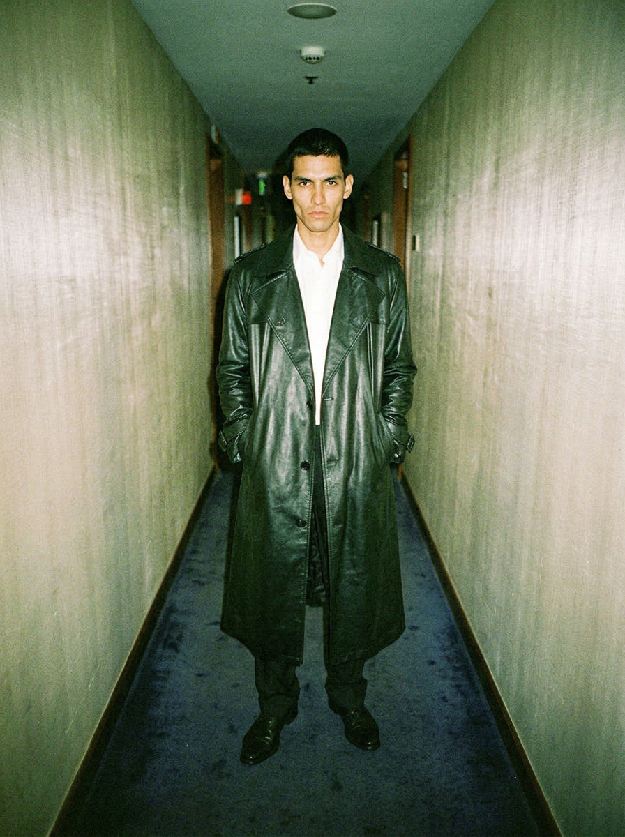 Man in a black leather trench coat in a flash-lit hotel corridor