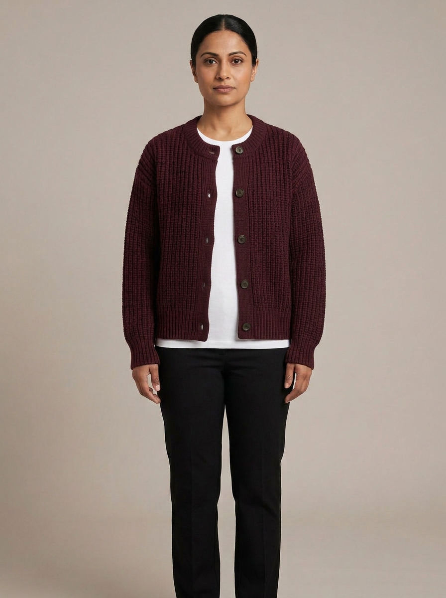 Model wearing the oxblood cardigan